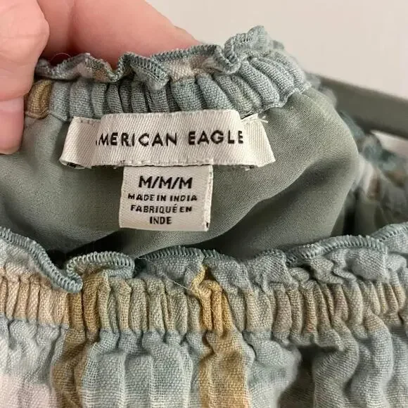 American Eagle Outfitters Green Plaid Cropped Off the Shoulder Top - Picture 8 of 9